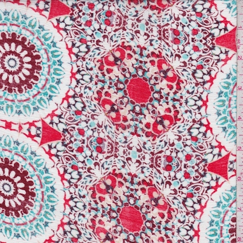 Red Coral/White/Maroon Circle Medallion Rayon Crinkle