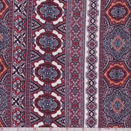 Wine/Sky/Coral Deco Stripe Rayon Crinkle