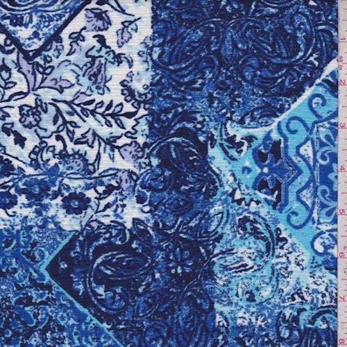 Navy/Ocean/White Stylized Patchwork Crinkled Crepe