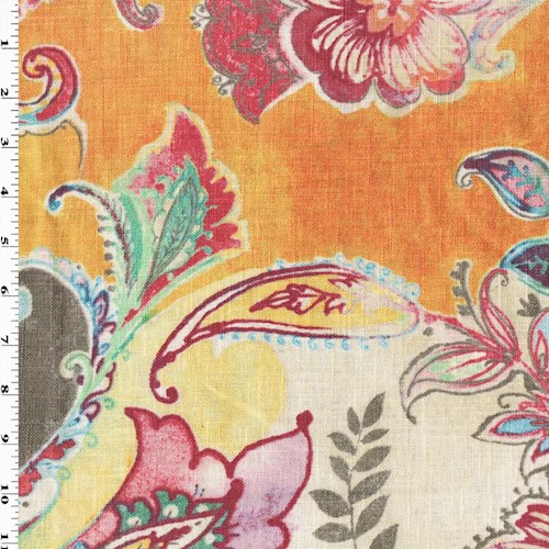 Citrus Orange/Multi Floral Printed Slubbed Linen Home Decor Fabric DFW61301