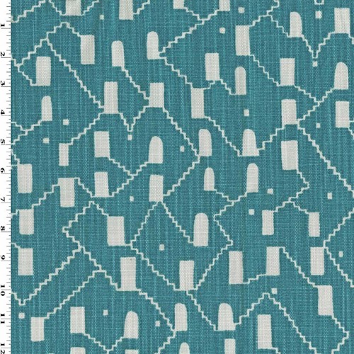 White/Deep Teal Blue Stairs Printed Canvas Decor Fabric DFW61314