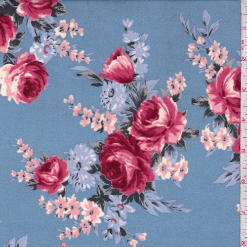 *4 YD PC--Dusty Blue/Deep Pink Floral Crepe