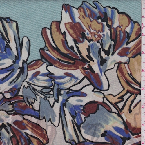 Sea Blue/Beige Abstract Floral Silk Chiffon Fabric