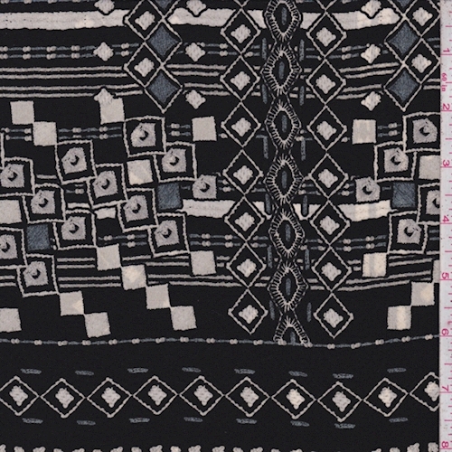 Black/Ivory/Slate Tile Silk Crepe de Chine Fabric