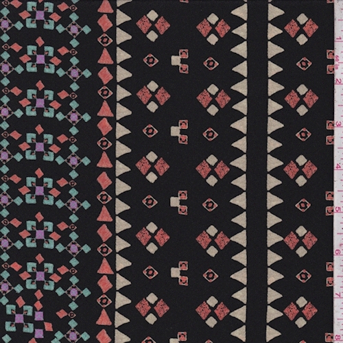Black/Orange/Turquoise Inca Silk Crepe de Chine Fabric