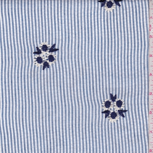 Blue/White Stripe Embroidered Floral Seersucker