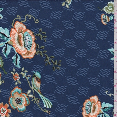 Navy Floral/Bird Rayon Challis Fabric