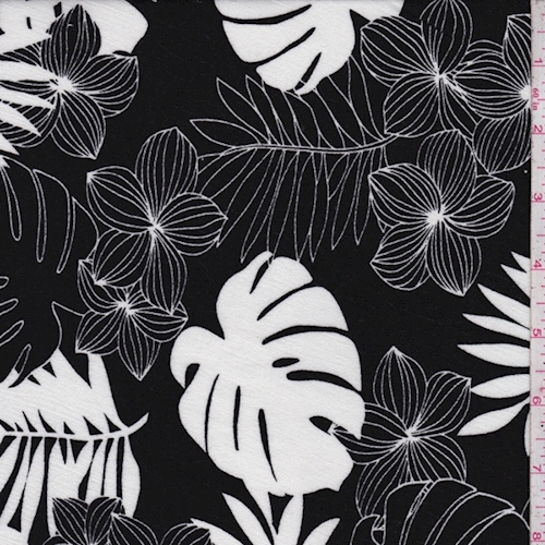 Black/White Botanical Sketch Rayon Crinkle Fabric