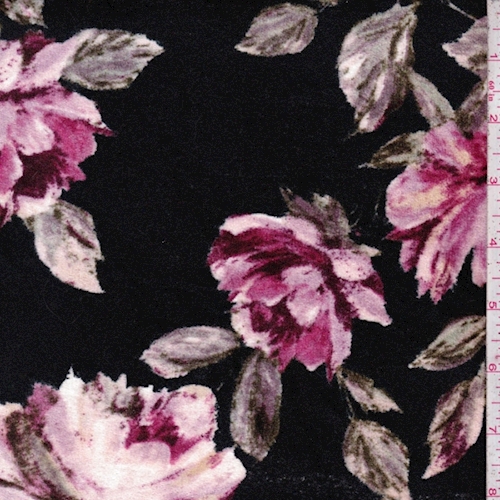 Black/Mulberry Floral Panne Velvet Knit Fabric - 96124 | Fashion Fabrics