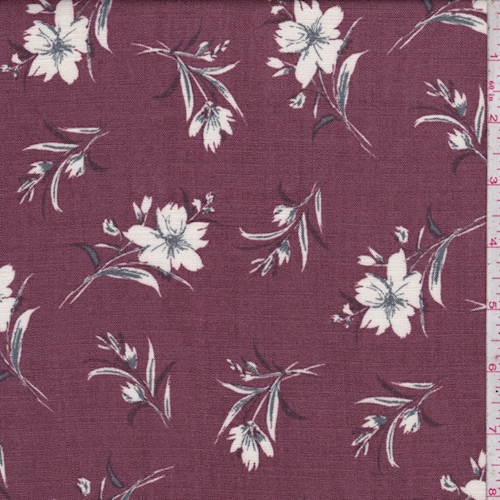 Dark Mauve Floral Sprig Slubbed Challis Fabric