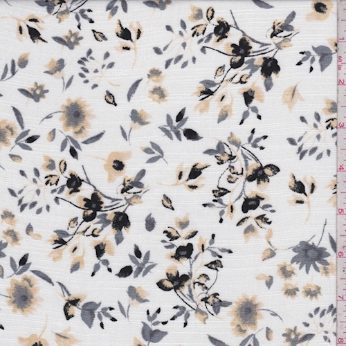 White/Buff/Black Floral Slubbed Challis Fabric