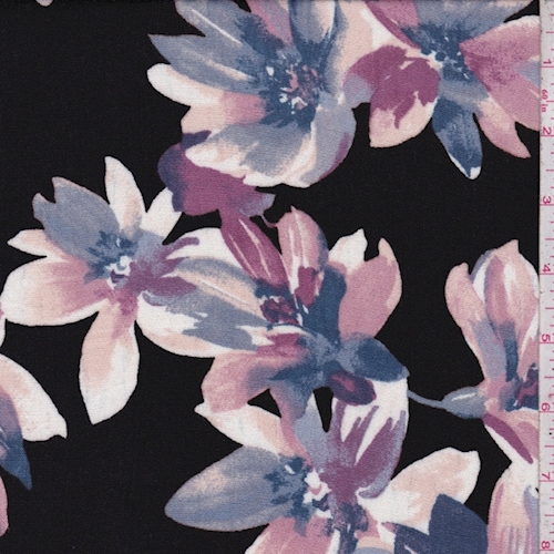 Black Pastel Floral Rayon Crinkle Fabric