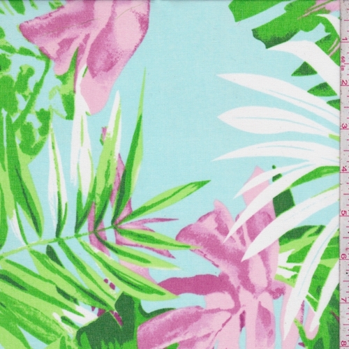 Spa Blue/Magenta Multi Tropical Floral Crepe Georgette Fabric