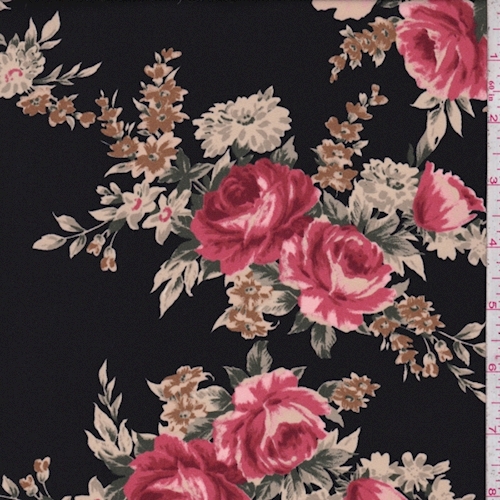 *1 1/4 YD PC--Black/Brick Rose Spray Crepe Georgette