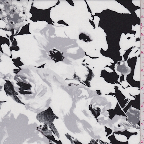 *1 YD PC-White/Grey/Black Modern Floral Rayon Challis