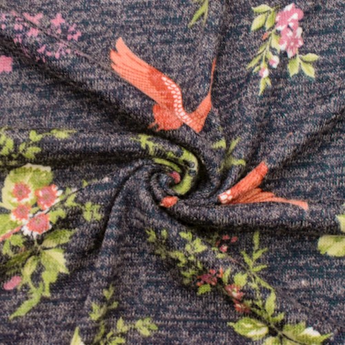 Navy/Multi Crane Floral Printed Brushed Jersey Knit Fabric DFW12147