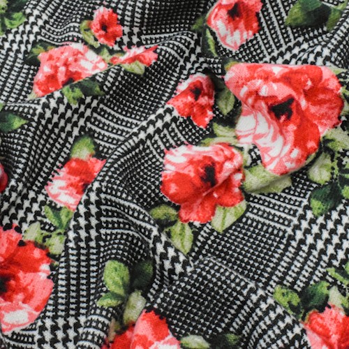 Red/Multi Glen Plaid Rose Print Brushed Jersey Knit Fabric DFW12149