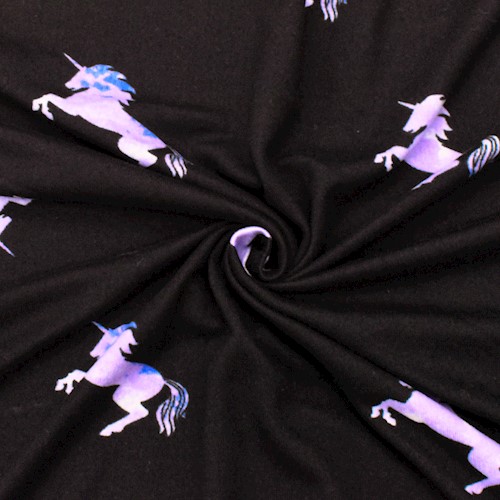 Purple/ Black Unicorn Printed Double Brushed Stretch ITY Knit Fabric DFW12165