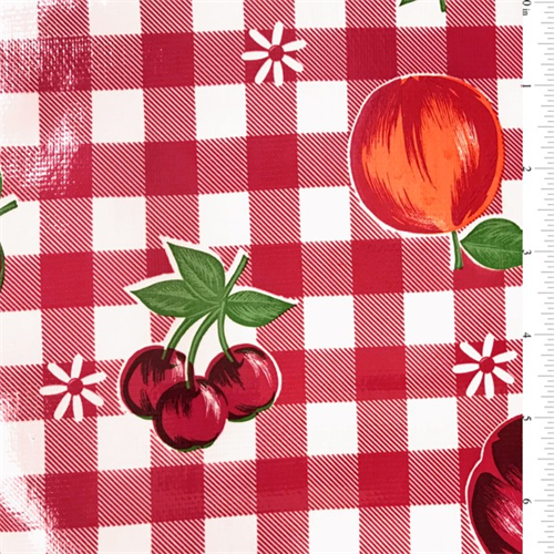 Red Floral Check Oilcloth Roll